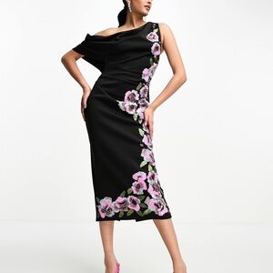 ASOS Black One-Shoulder Midi Dress with Pink Floral Embroidery